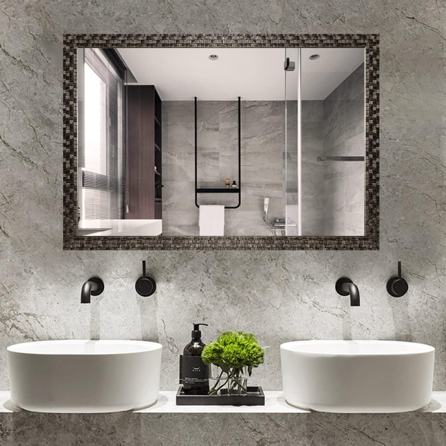 Black Mosaic Textured Mirror for Wall (40''x24'') – hansalice - Black Textured Decorative Wall Mirror